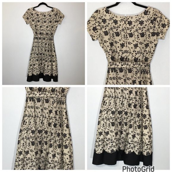 Vintage 50s Tan Floral Fit and Flare Party Dress Matching Belt Pleated Skirt VLV - Picture 6 of 16